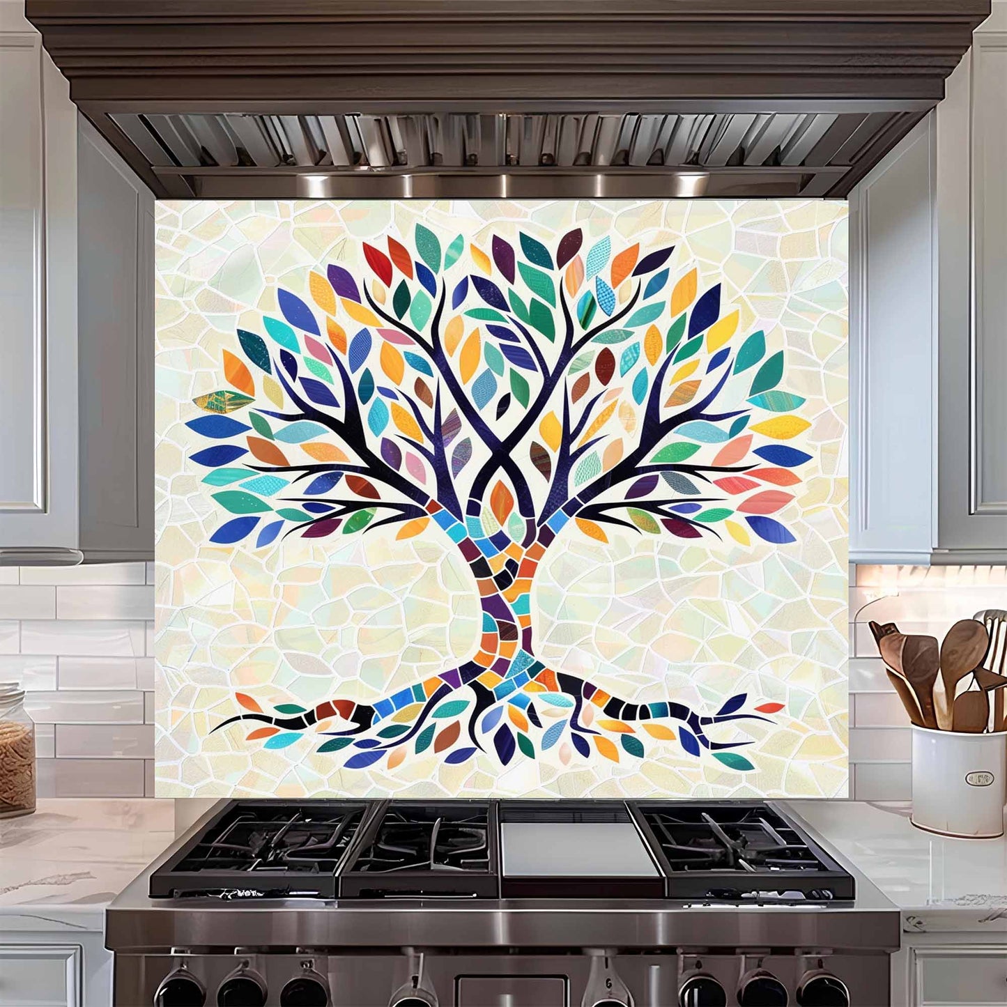 Mosaic Tempered Glass Backsplash – Tree of Life Kitchen Backsplash for Stove or Sink