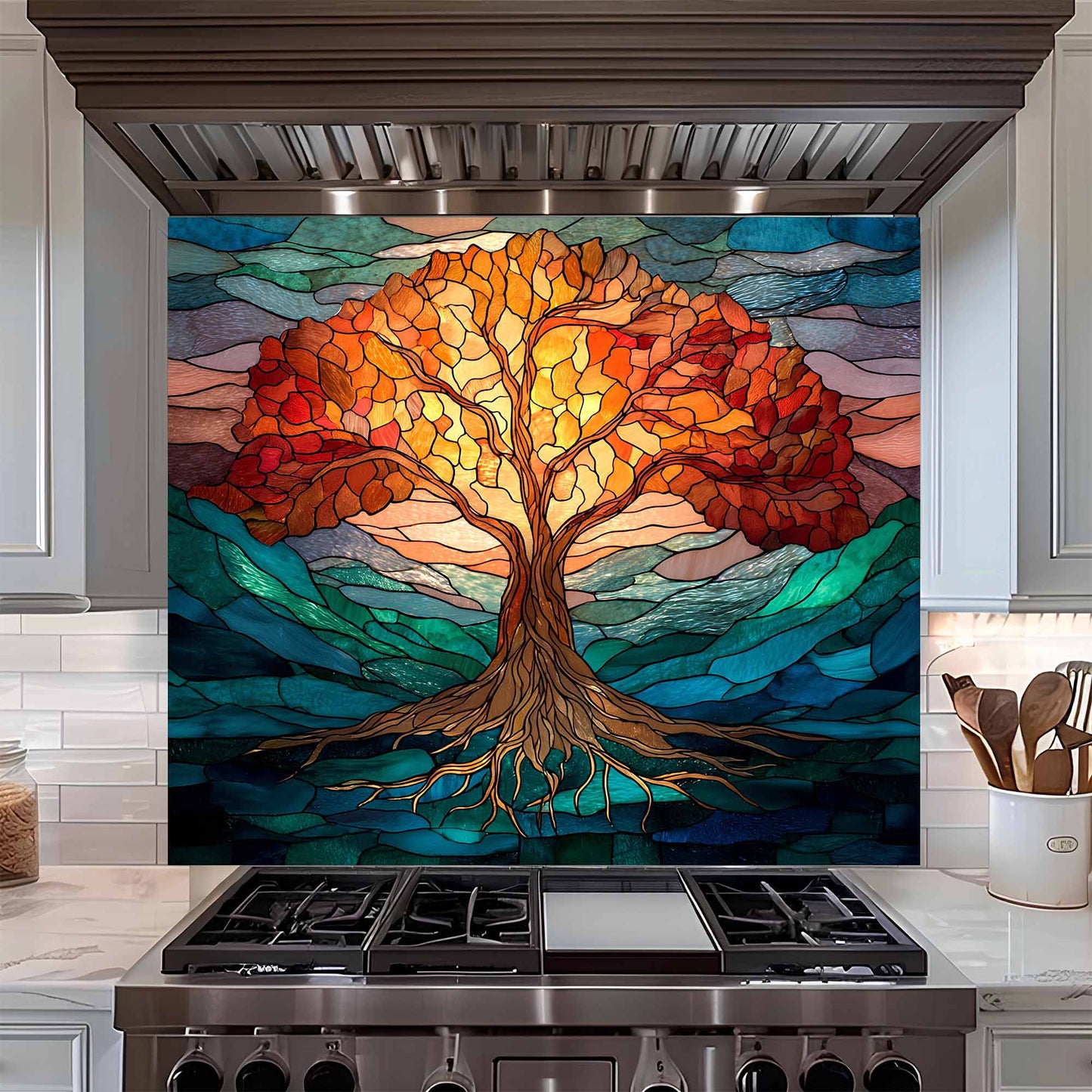 Luminous Flame Tree Glass Backsplash – Tempered Glass Backsplash for Kitchen Stove