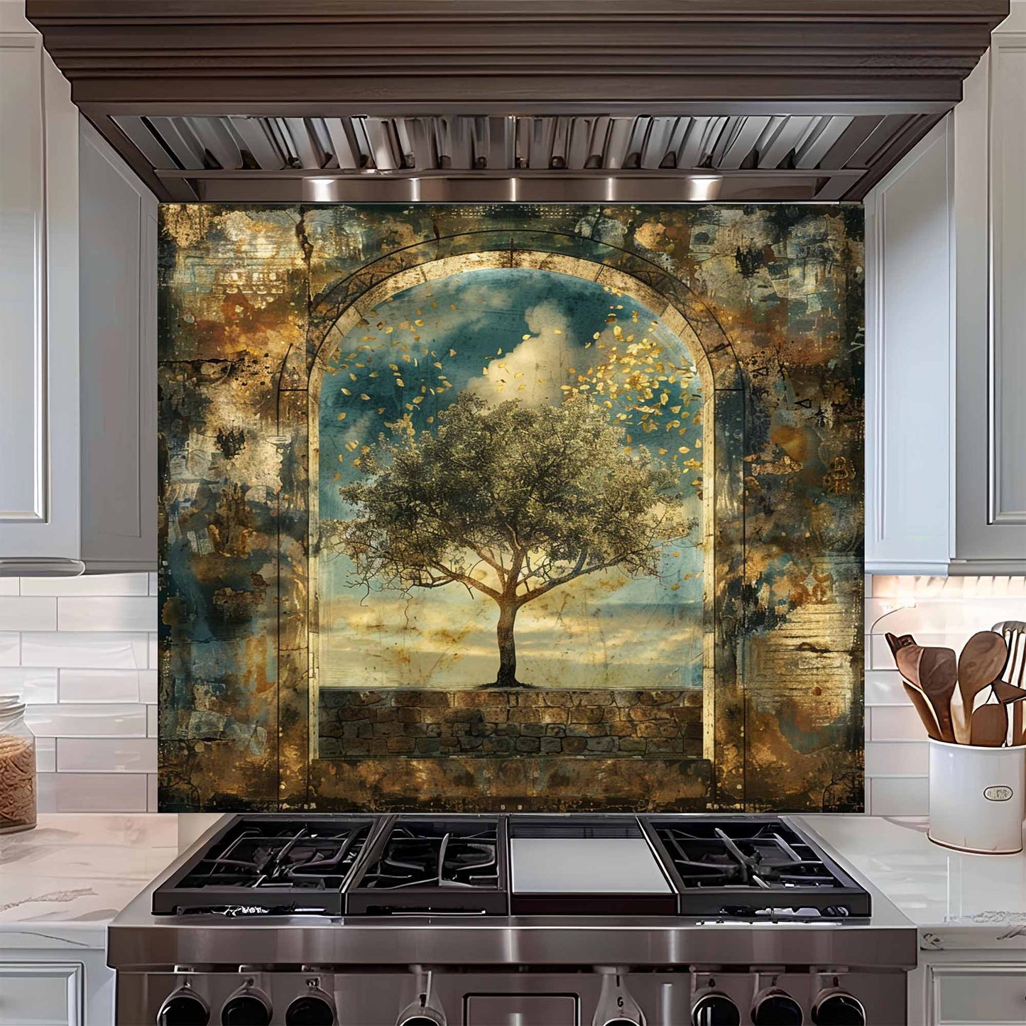 Golden Silence Tempered Glass Backsplash – Tree of Life Kitchen Backsplash