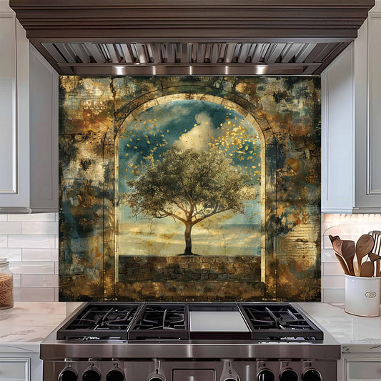 Golden Silence Tempered Glass Backsplash – Tree of Life Kitchen Backsplash