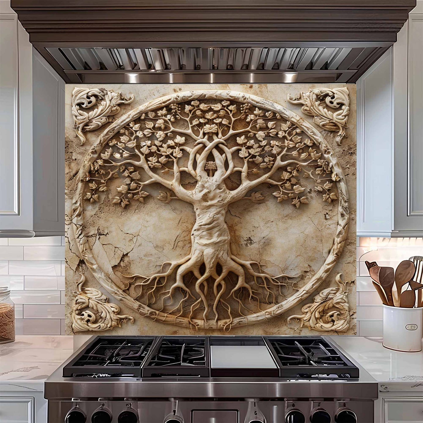 Sacred Blossom Tempered Glass Backsplash –  Tree of Life Kitchen Backsplash