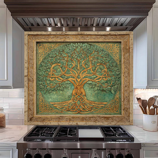 Emerald Gold Tree Tempered Glass Backsplash – Tree of Life Kitchen Backsplash