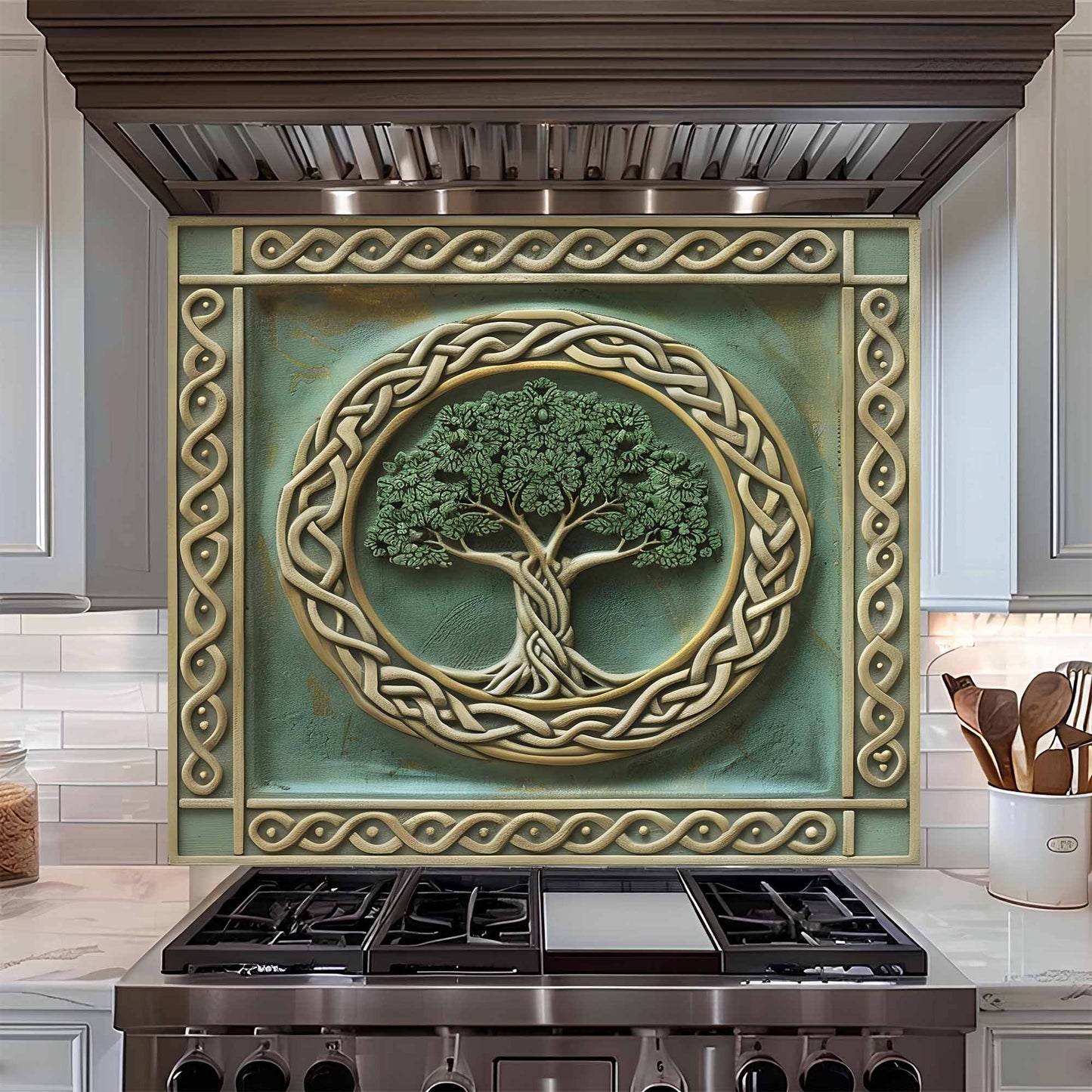 Ivory Grove Tempered Glass Backsplash – Tree of Life Kitchen Backsplash