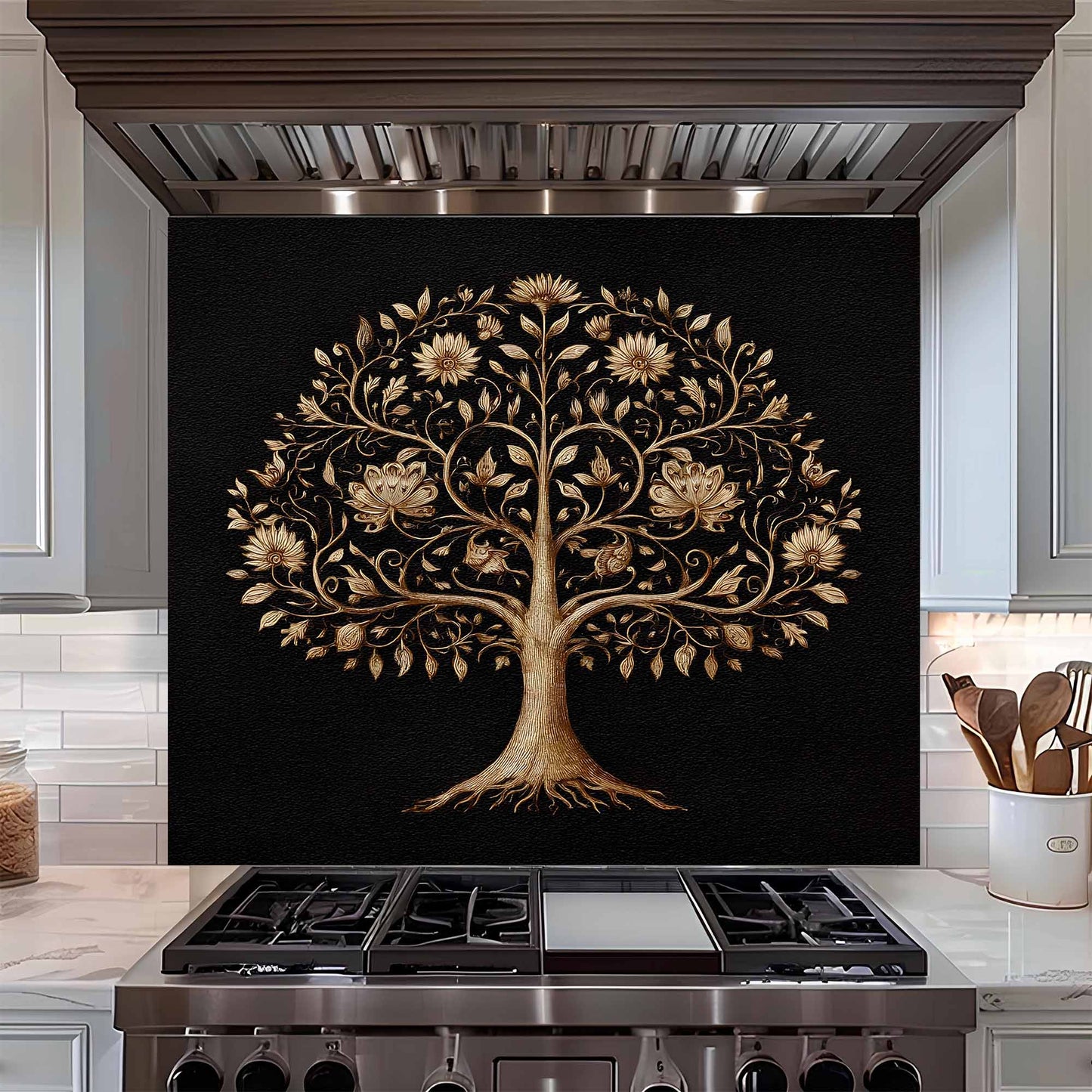 Floral Wisdom Tree Tempered Glass Backsplash – Kitchen Backsplash Behind Stove