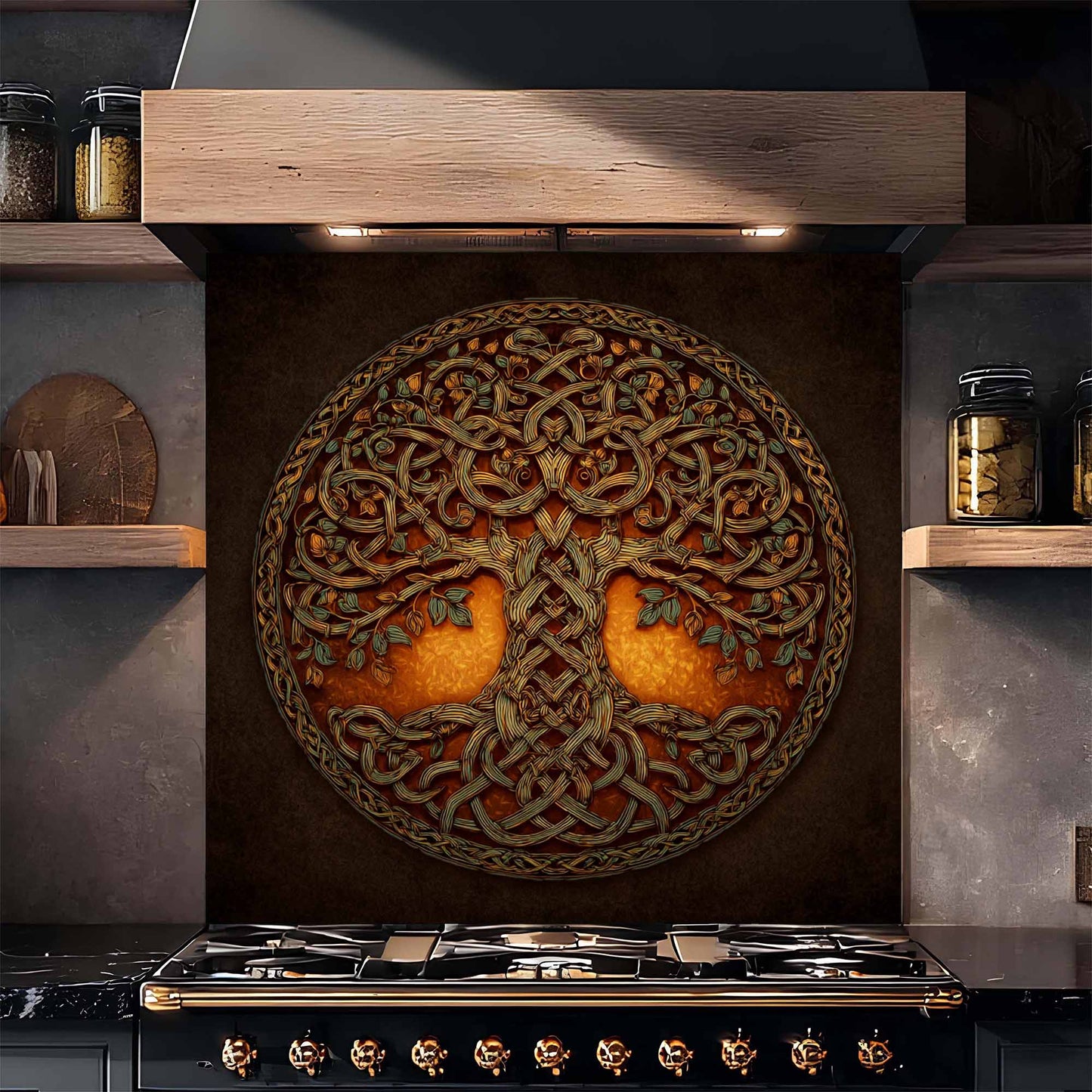 Celtic Flame Tempered Glass Backsplash – Tree of Life Kitchen Backsplash