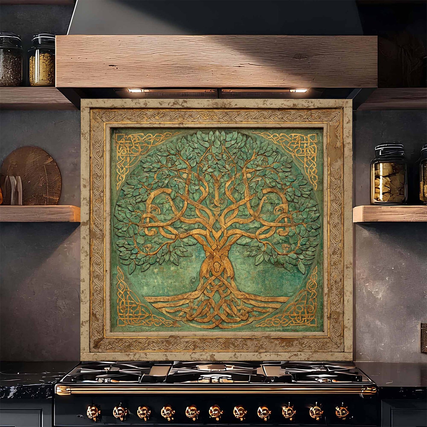 Emerald Gold Tree Tempered Glass Backsplash – Tree of Life Kitchen Backsplash