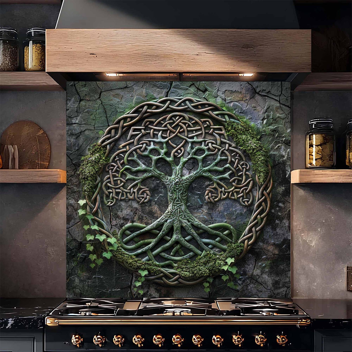 Celtic Roots Tempered Glass Backsplash – Tree of Life Kitchen Backsplash for Stove