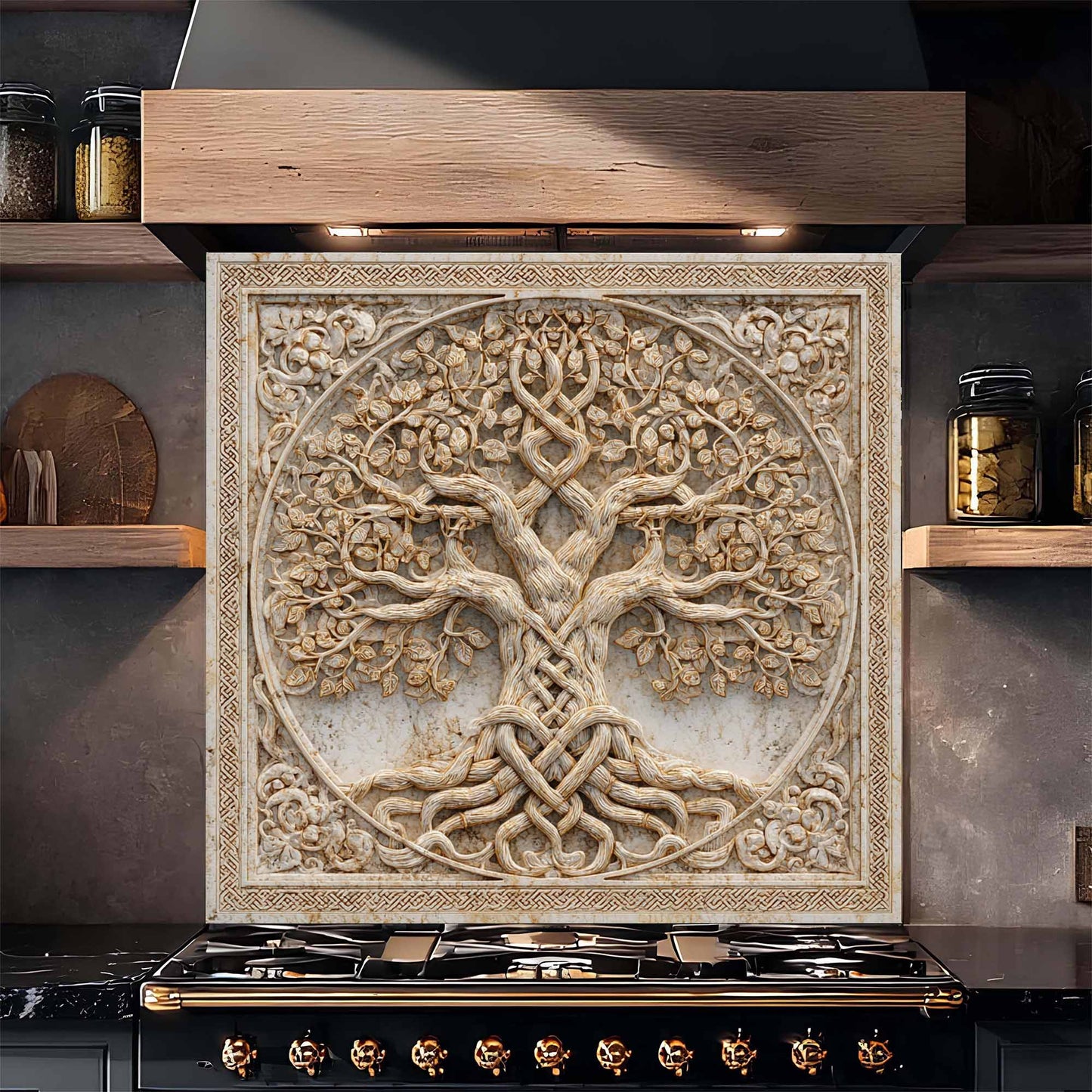 Twin Roots Tempered Glass Backsplash – Tree of Life Kitchen Backsplash