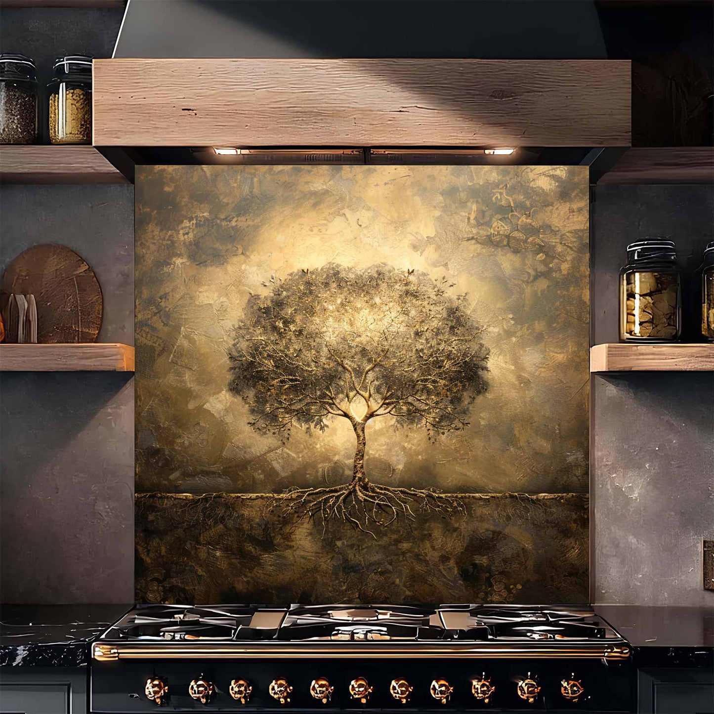 Golden Aura Tempered Glass Backsplash – Tree of Life Kitchen Backsplash