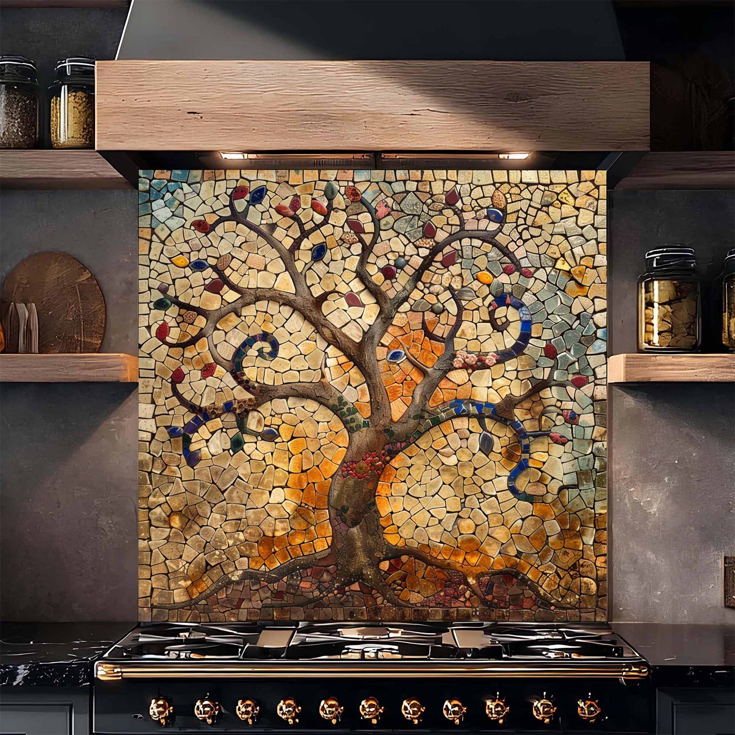 Tempered Glass Kitchen Backsplash – Mosaic Tree of Life Panel for Rustic & Artistic Kitchens