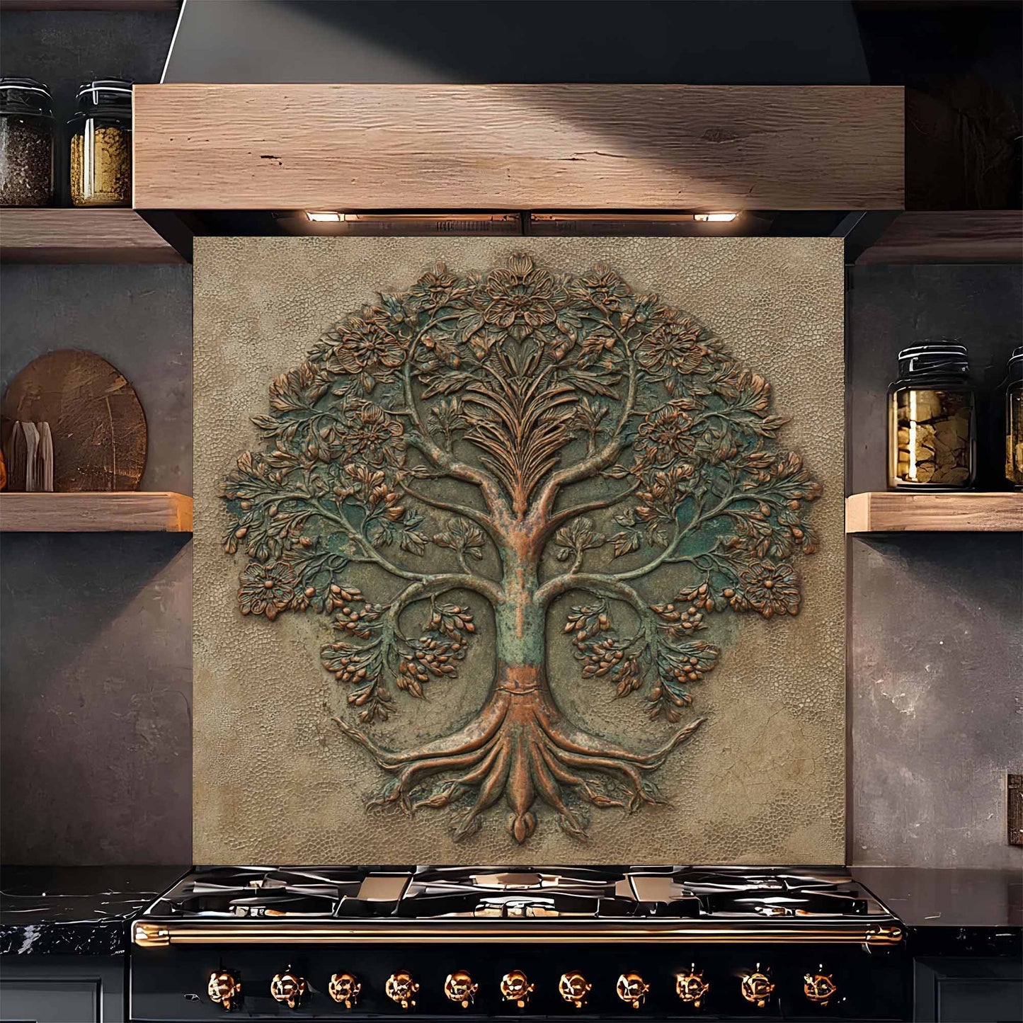 Verdigris Bloom Kitchen Backsplash – Tree of Life Glass Backsplash for Stove