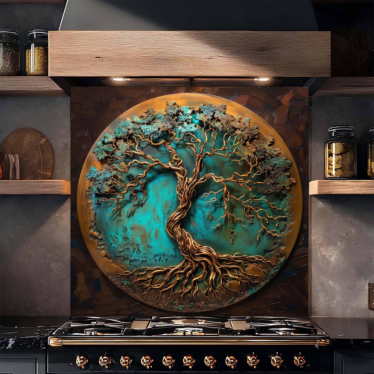 Verdigris Copper Tree Tempered Glass Backsplash – Rustic Glass Backsplash for Kitchen
