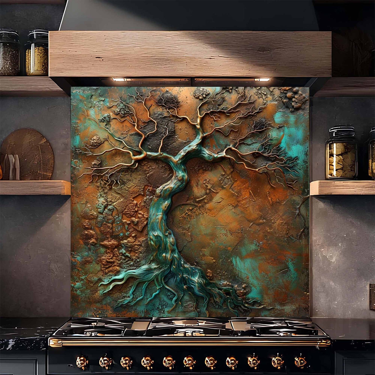 Flowing Copper Roots Tempered Glass Backsplash – Kitchen Backsplash Behind Stove