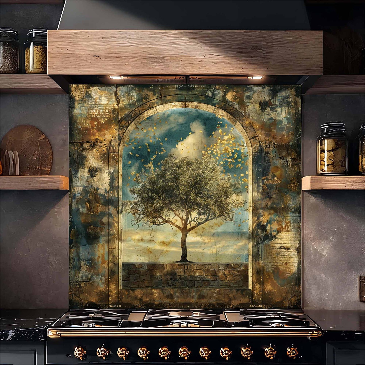 Golden Silence Tempered Glass Backsplash – Tree of Life Kitchen Backsplash