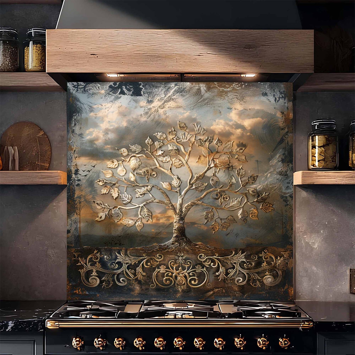 Golden Flourish Kitchen Backsplash –  Tree of Life Glass Backsplash for Stove
