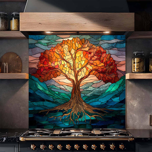 Luminous Flame Tree Glass Backsplash – Tempered Glass Backsplash for Kitchen Stove