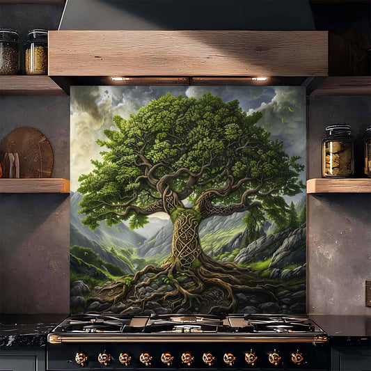 Celtic Mountain Tree Tempered Glass Backsplash – Kitchen Backsplash Behind Stove
