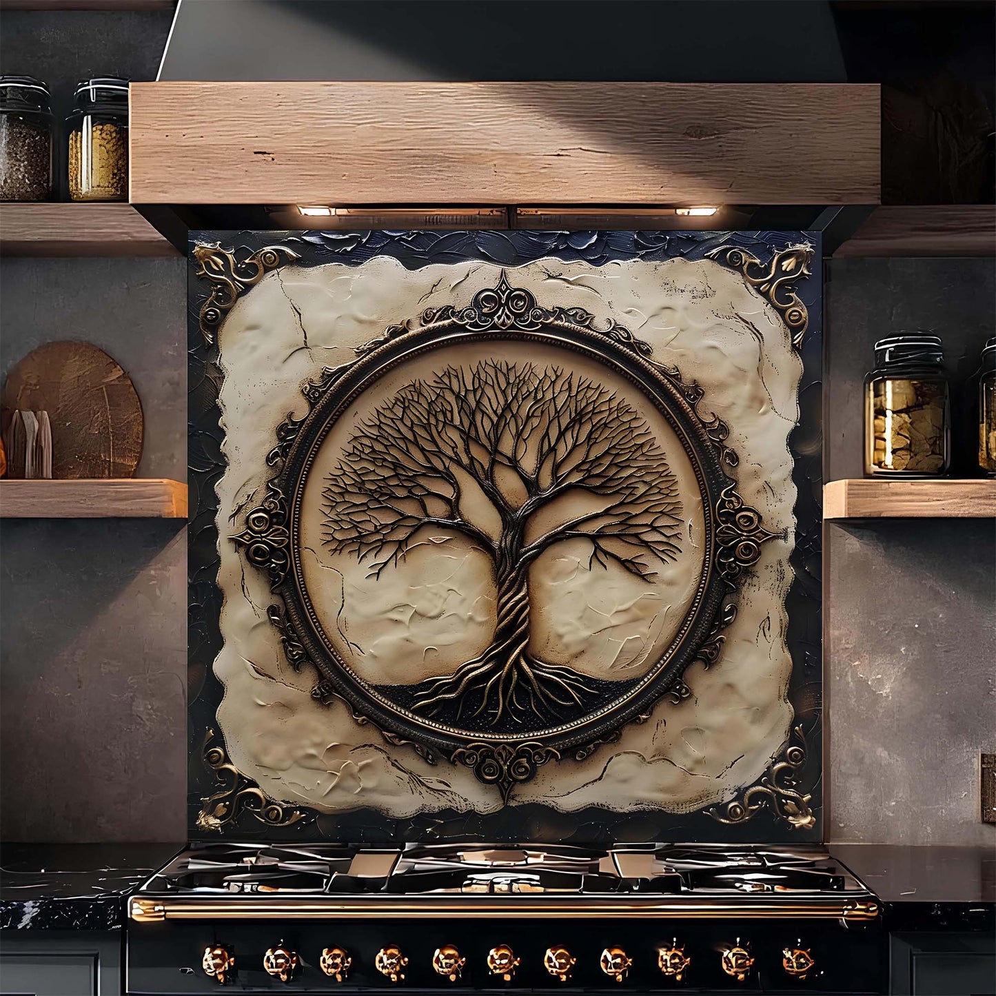Vintage Rooted Tree Tempered Glass Backsplash - Behind Stove Backsplash