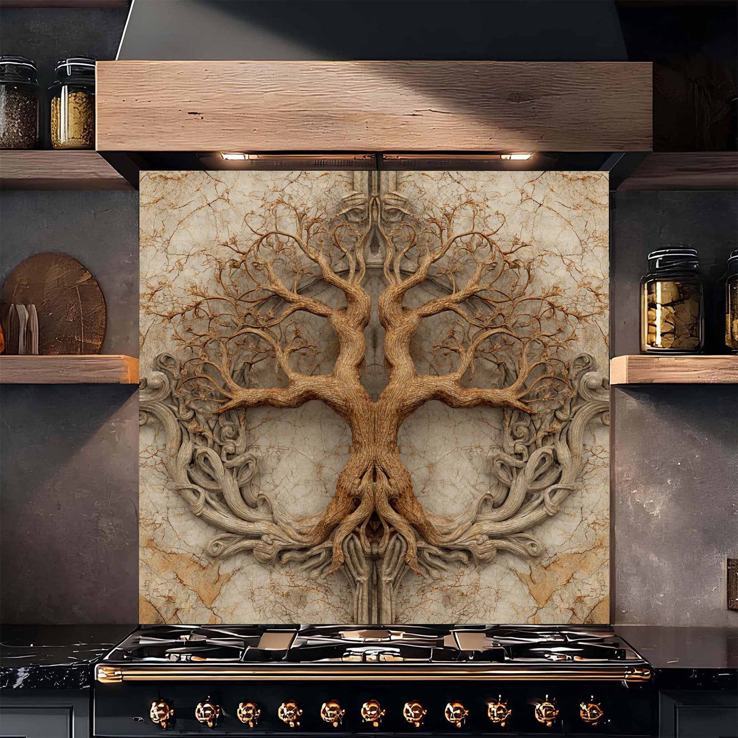 Twin Root Tempered Glass Backsplash – Tree of Life Stove Backsplash