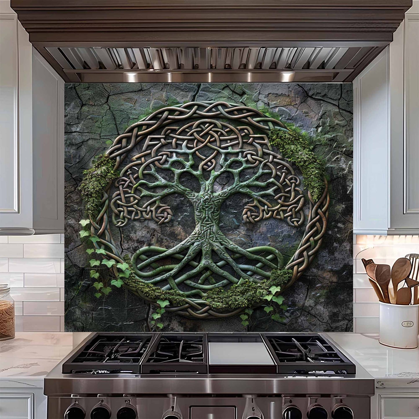 Celtic Roots Tempered Glass Backsplash – Tree of Life Kitchen Backsplash for Stove