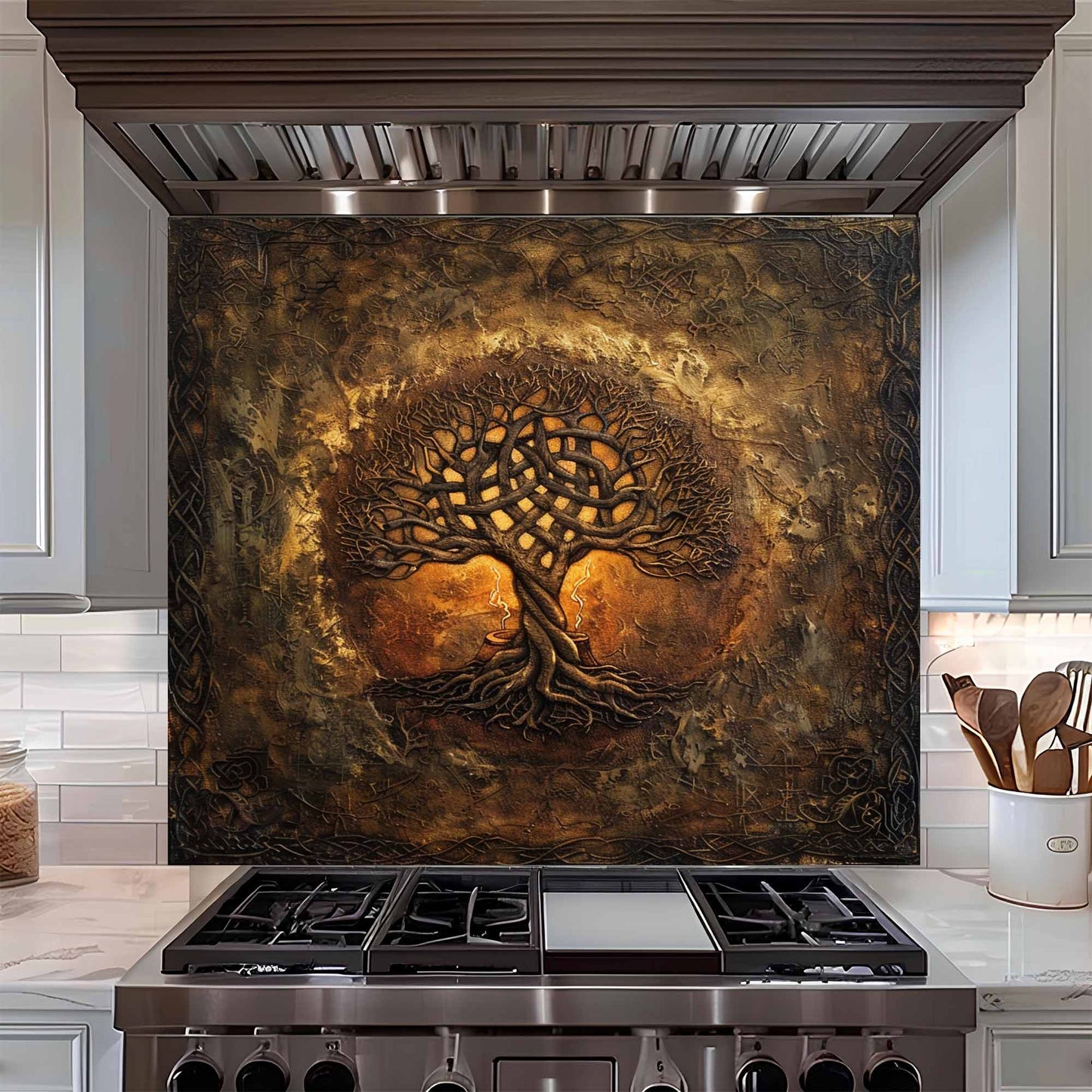 Mystic Ember Tempered Glass Backsplash – Tree of Life Kitchen Backsplash for Stove