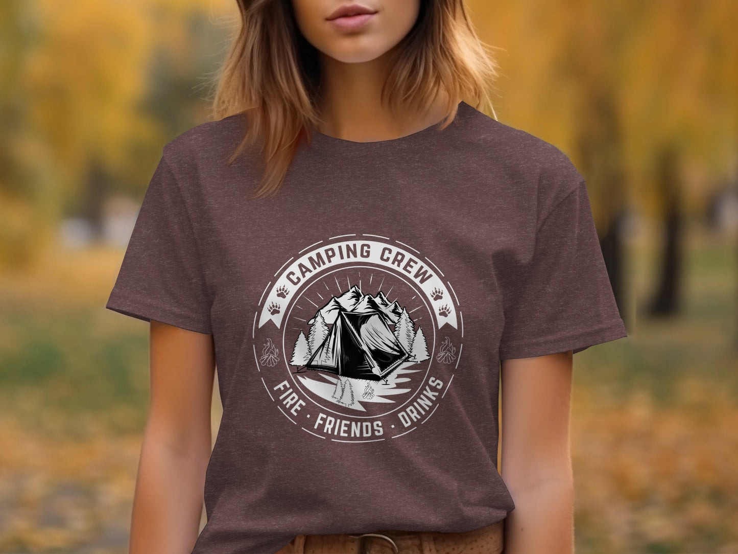 Camping Crew Friends Drinks Fire Tent Mountain Scene T-Shirt