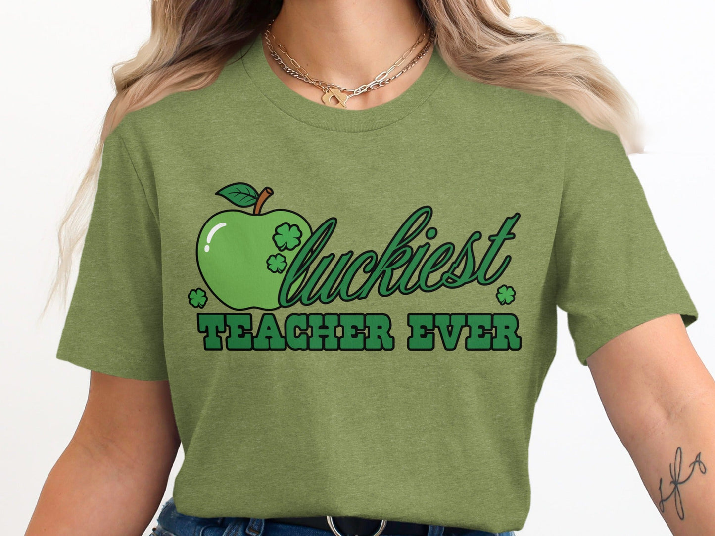 Luckiest Teacher Ever Clover Apple St Patricks Day T-Shirt