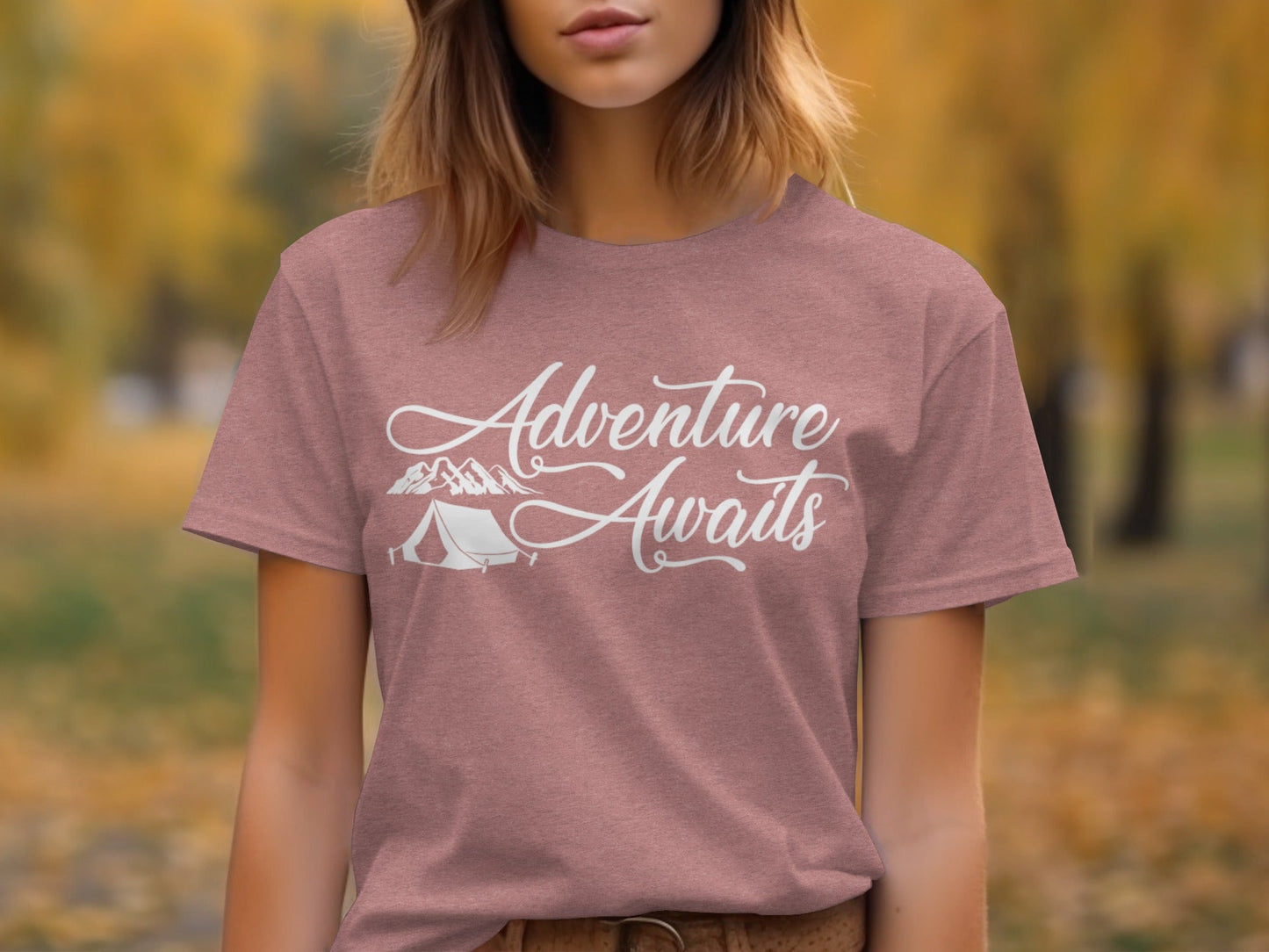 Adventure Awaits Tent Mountains Graphic Design T-Shirt
