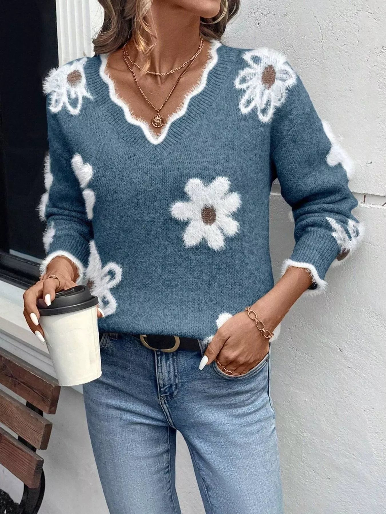 Floral V-Neck Long Sleeve Sweater