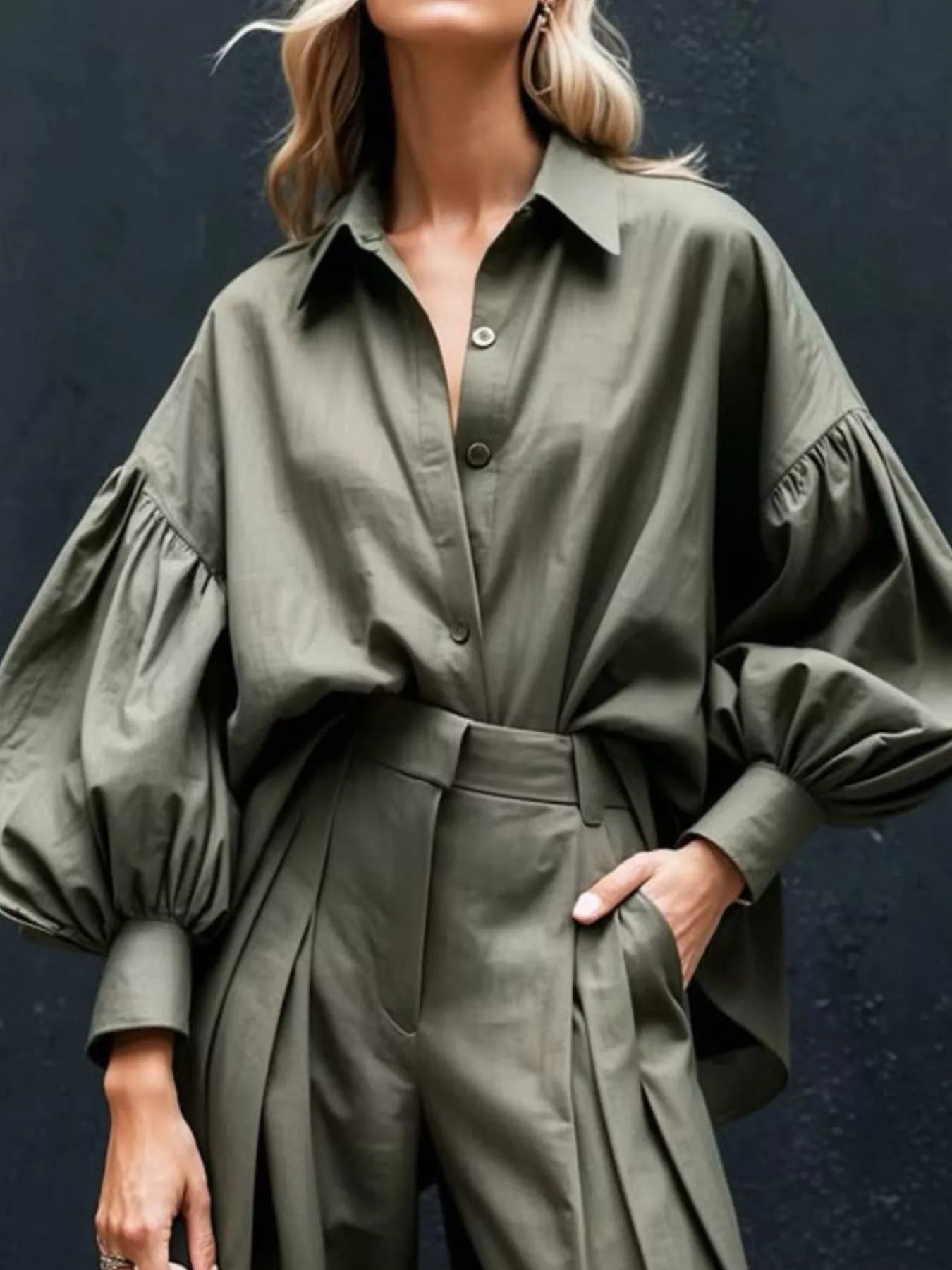 Lantern Sleeve Shirt and Wide Leg Pants Set