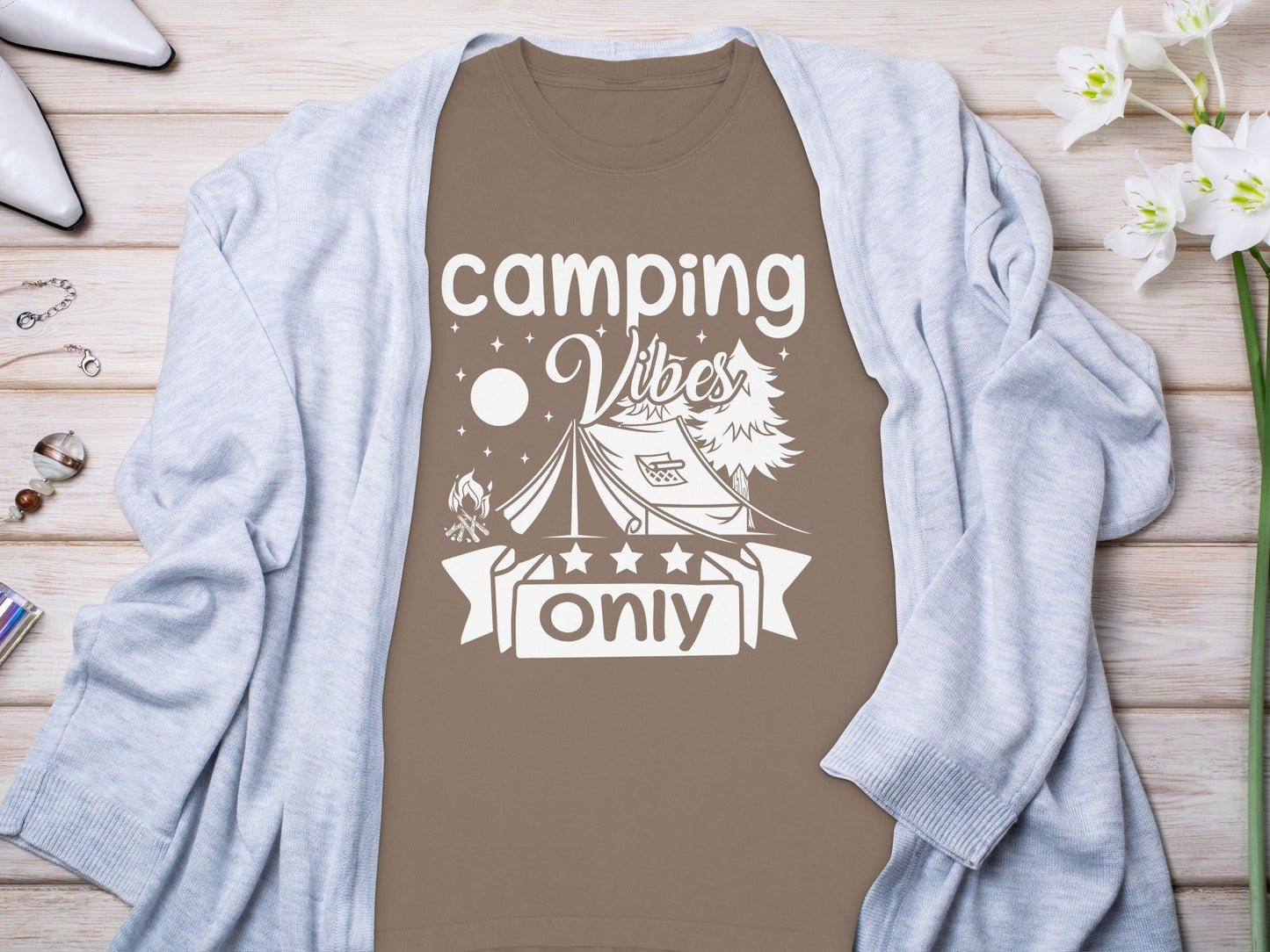 Camping Vibes Stars Only With Tent Graphic Long Sleeve T-Shirt