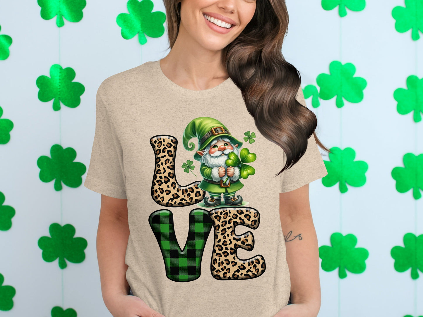 St Patricks Day Gnome T-Shirts, Leopard Print LOVE, Lucky Clover T-Shirts, Irish T-Shirts, Green Plaid T-Shirts, Unique St Paddys Day