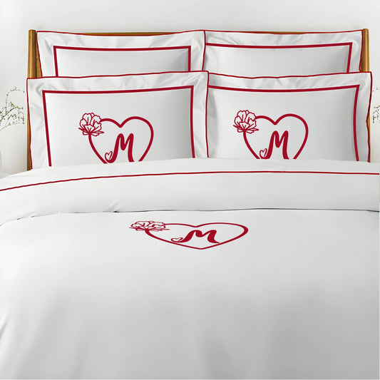 Monogram Embroidery & Border Cotton Sateen Solid Duvet Cover Set