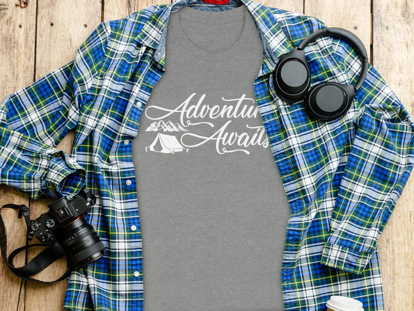 Adventure Awaits Tent Mountains Graphic Design T-Shirt
