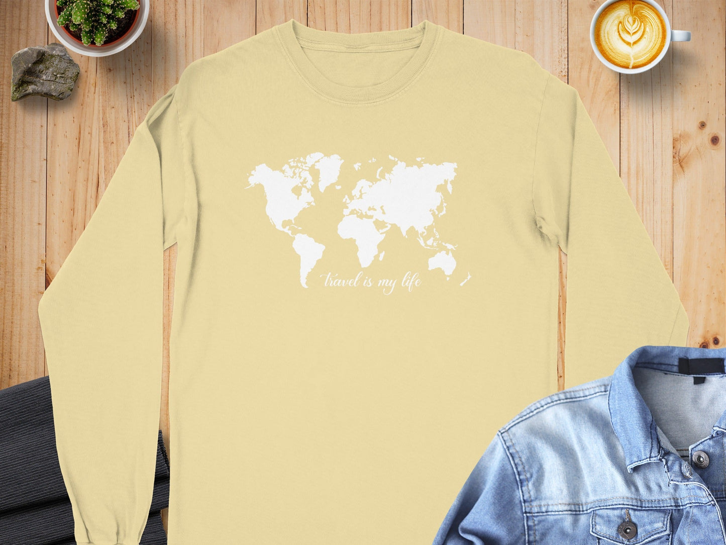 Travel Is My Life World Map Simple Modern Long Sleeve T-Shirt
