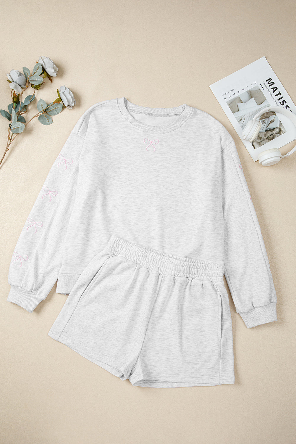 Sachet Pink Girly Bow Embroidered Detail Puff Sleeve Pullover 2pcs Short Set
