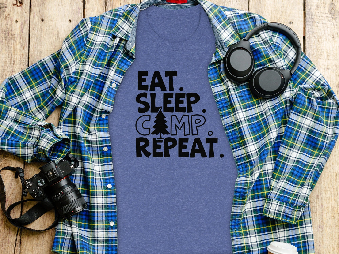 Eat Sleep Camp Repeat With Pine Tree Graphic T-Shirt