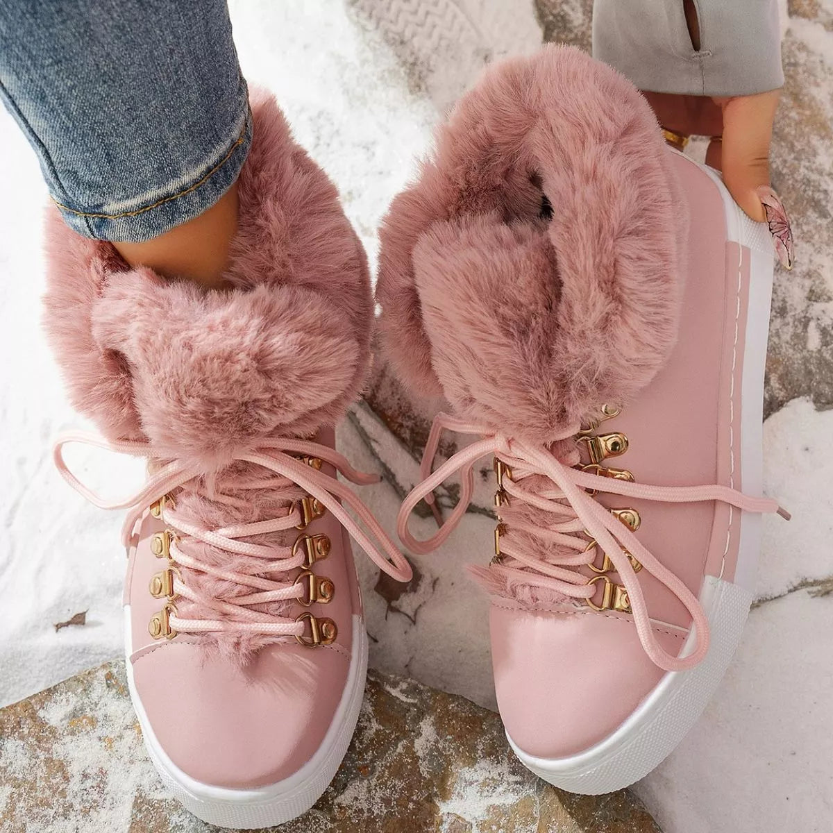 Fuzzy Trim Lace-Up Ankle Boots