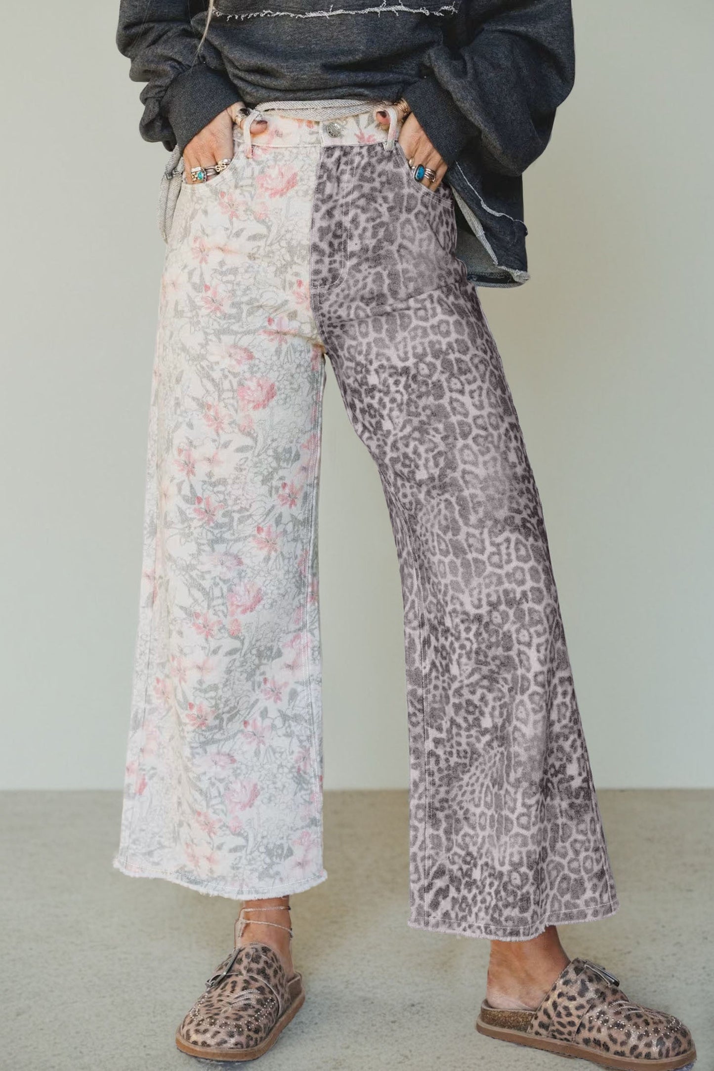 Multicolour Retro Floral Leopard Contrast Patchwork Raw Hem Jeans