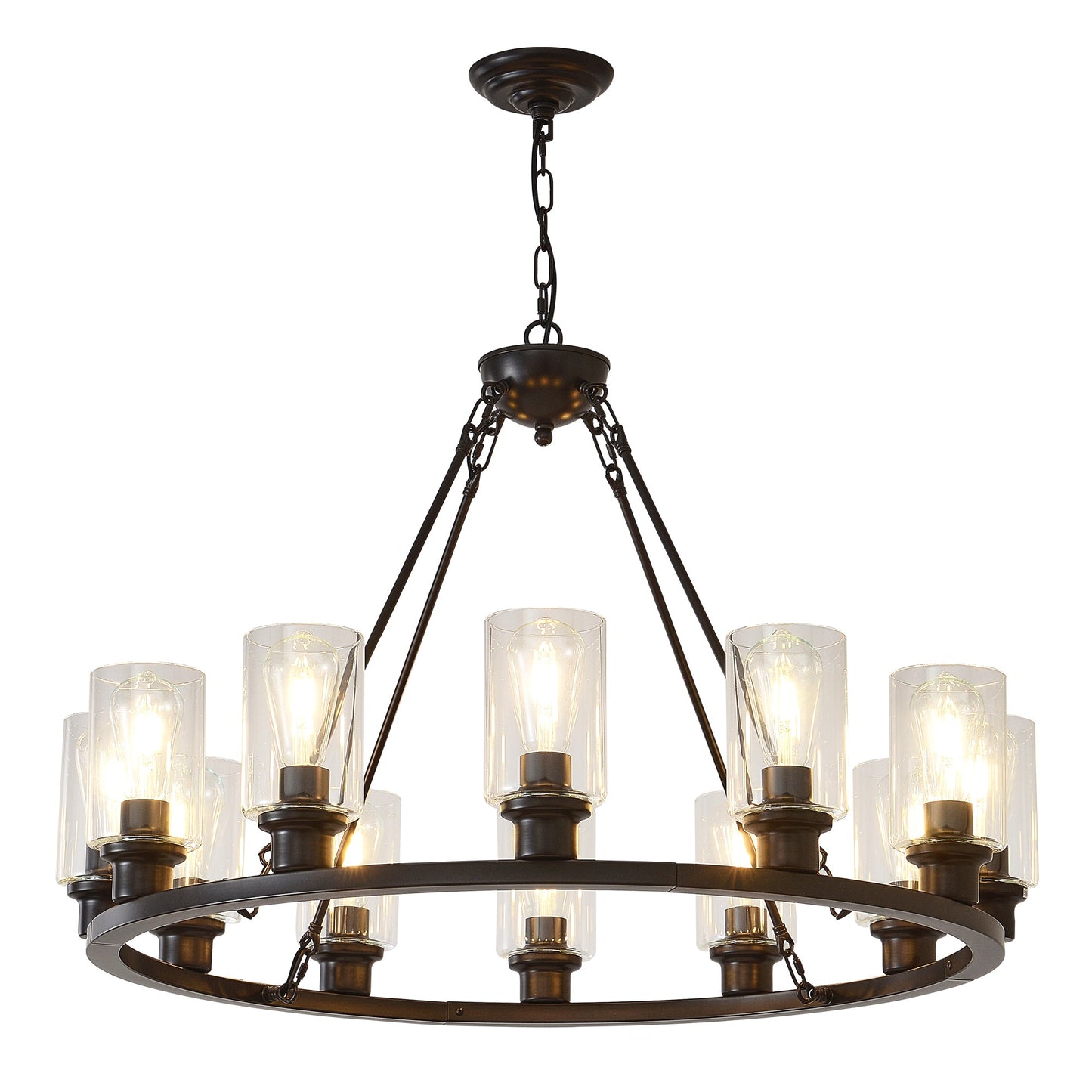 12-Light Black Wagon Wheel Chandelier, 31.5" Modern Farmhouse Glass Pendant