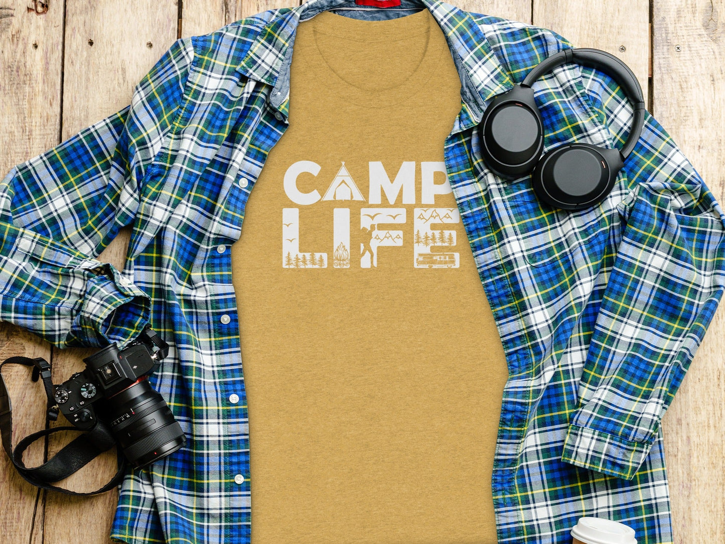 Camp Life Illustration with Tent and Fire Design T-Shirt