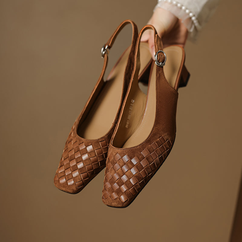 Women's Handmade Suede Woven Slingback Block Heel Sandals – Square-Toe Buckle Dress Shoes