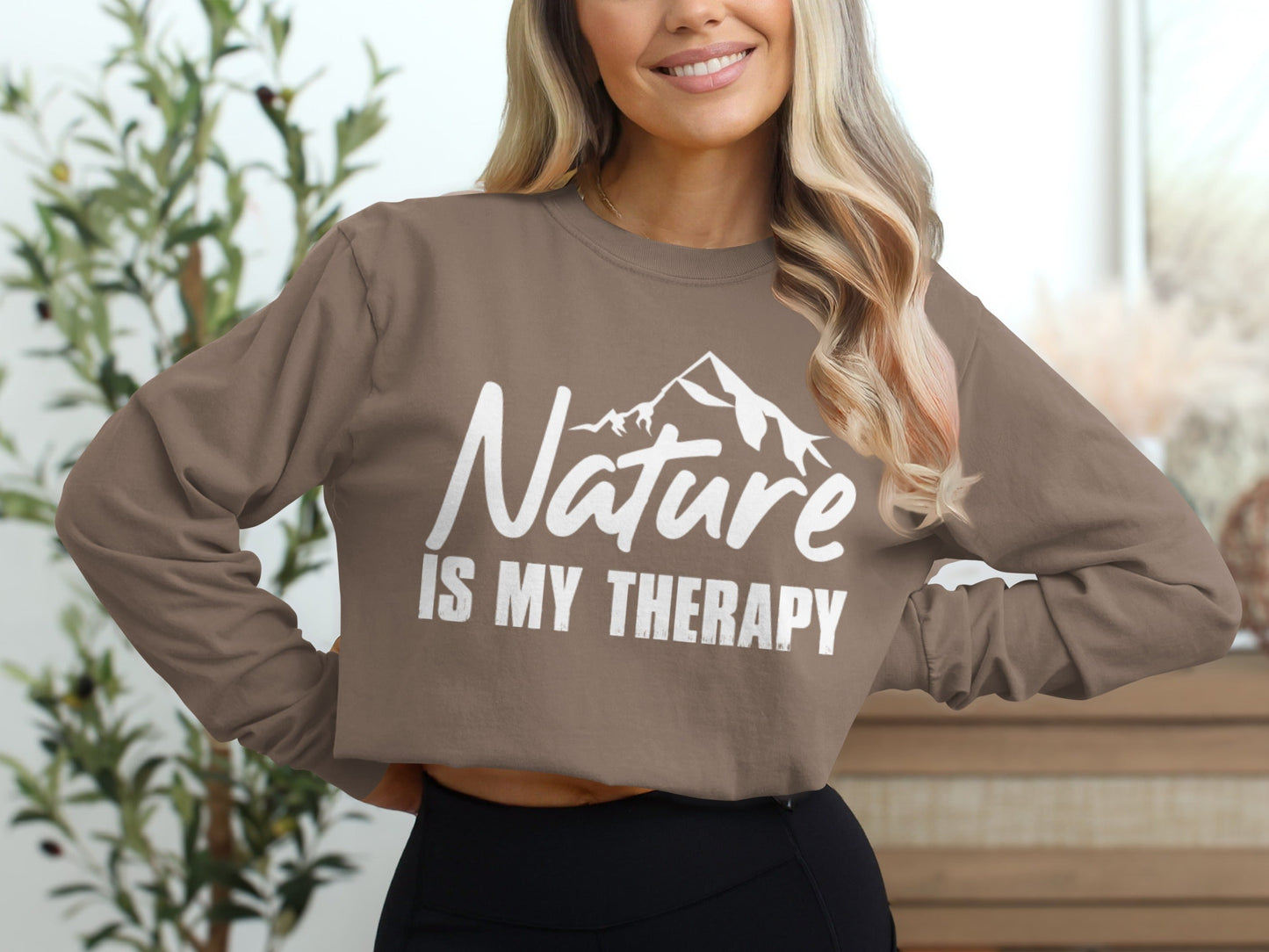 Nature Is My Therapy Mountain Graphic Text Long Sleeve T-Shirt