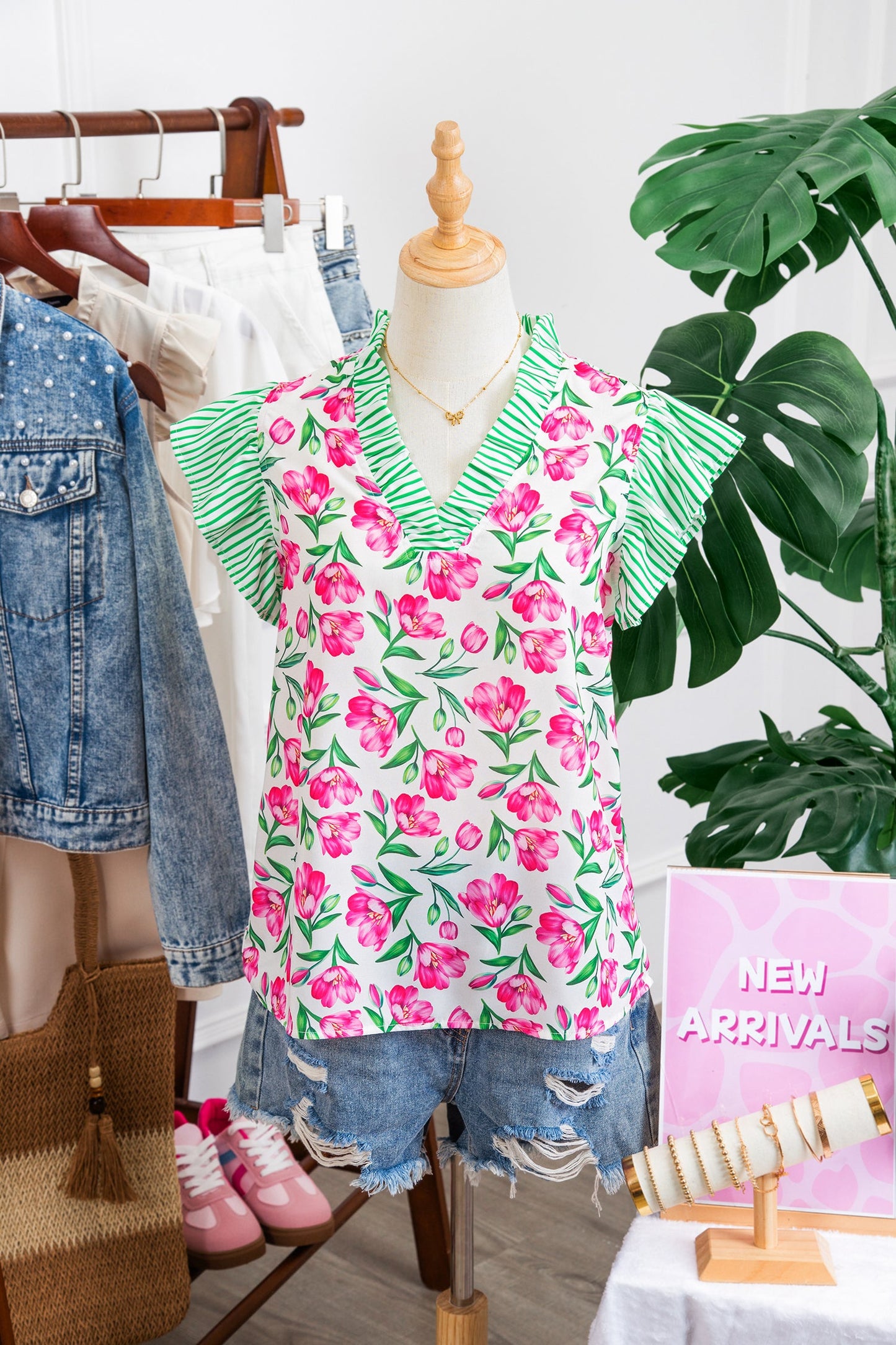 Multicolour Sweet Floral Print Striped Ruffle Trim V Neck Blouse