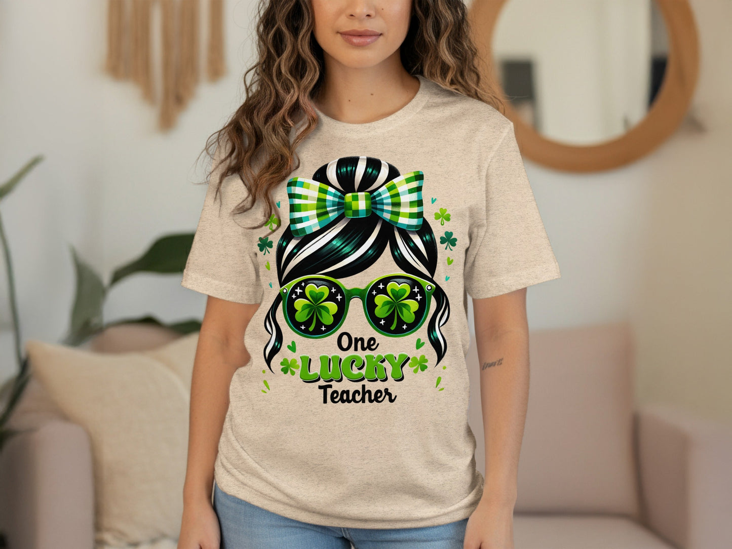 One Lucky Teacher Shamrock Sunglasses Graphic Design T-Shirt