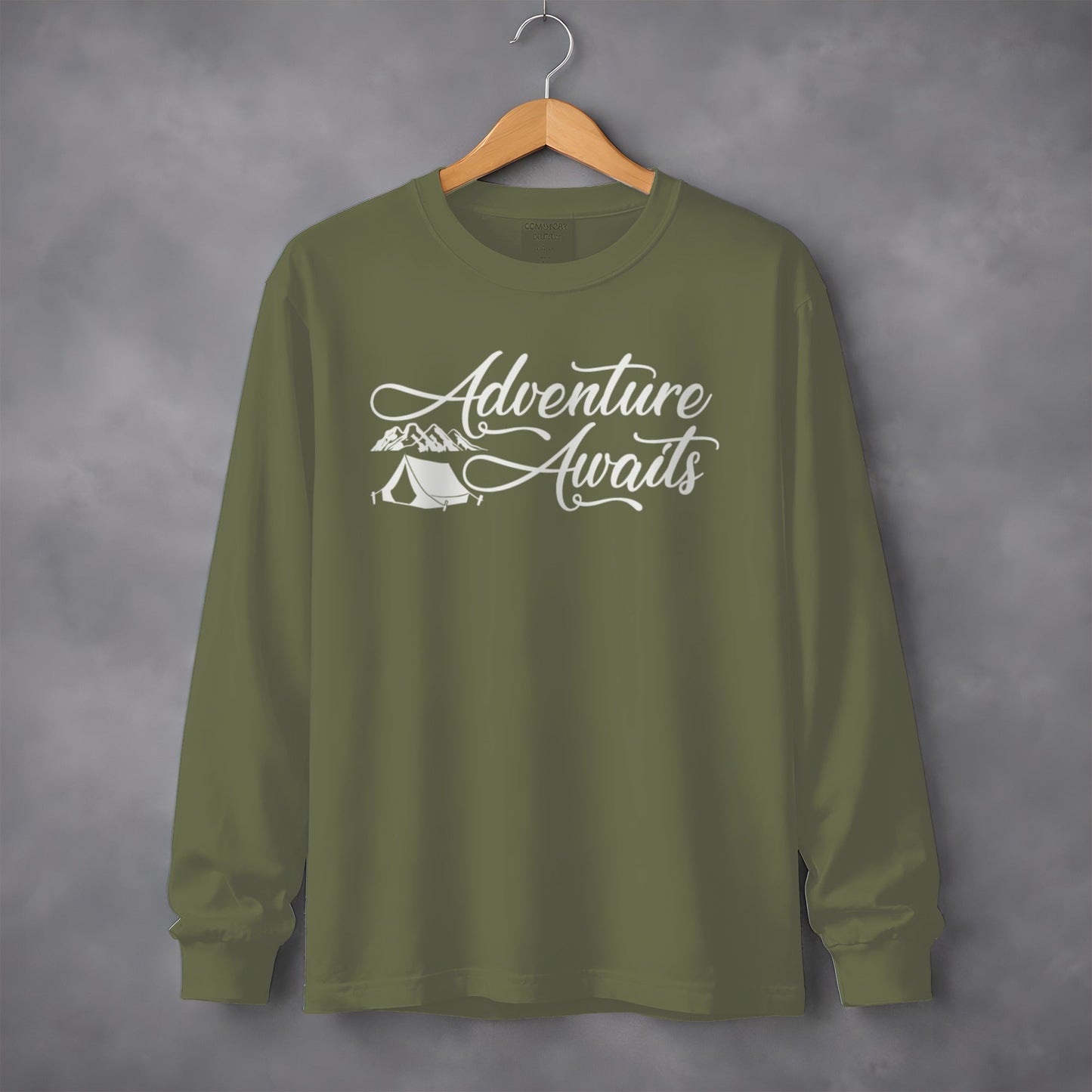Adventure Awaits Featuring Tent and Mountains Long Sleeve T-Shirt