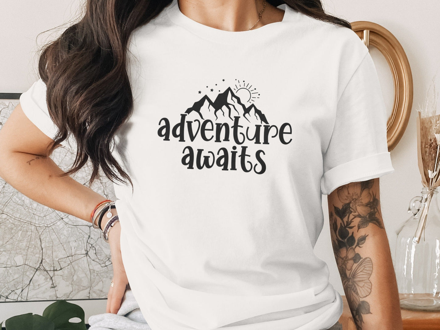 Adventure Awaits With Mountain and Stars Graphic T-Shirt
