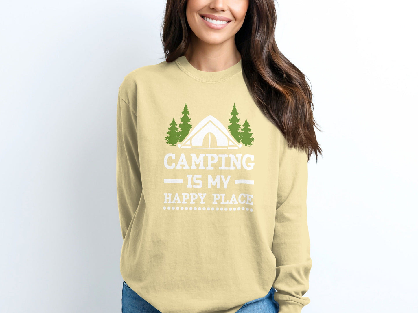 Camping Is My Happy Place Tent Trees Graphic Long Sleeve T-Shirt