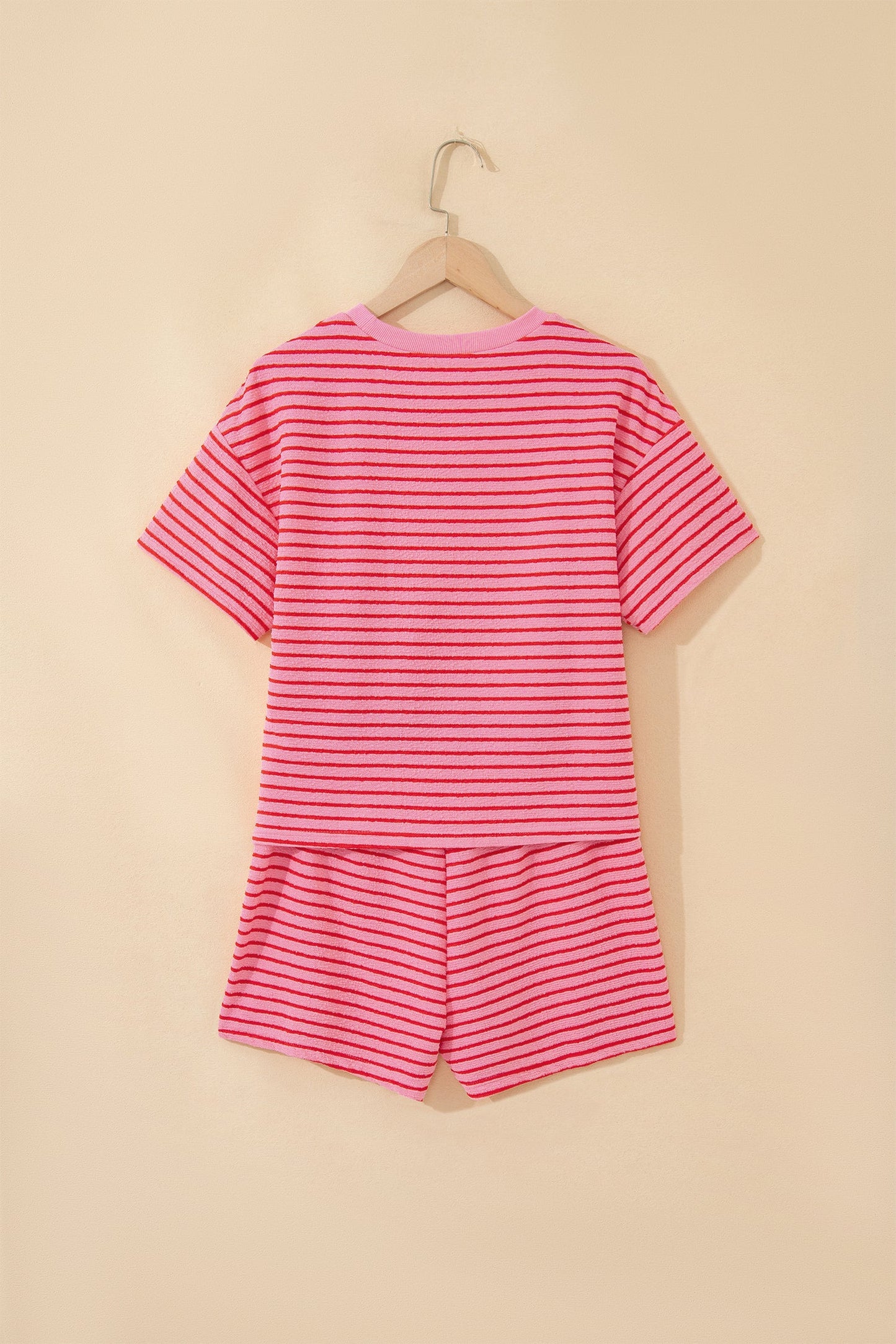 Rose Stripe Side Split Knit Tee Drawstring Shorts Set