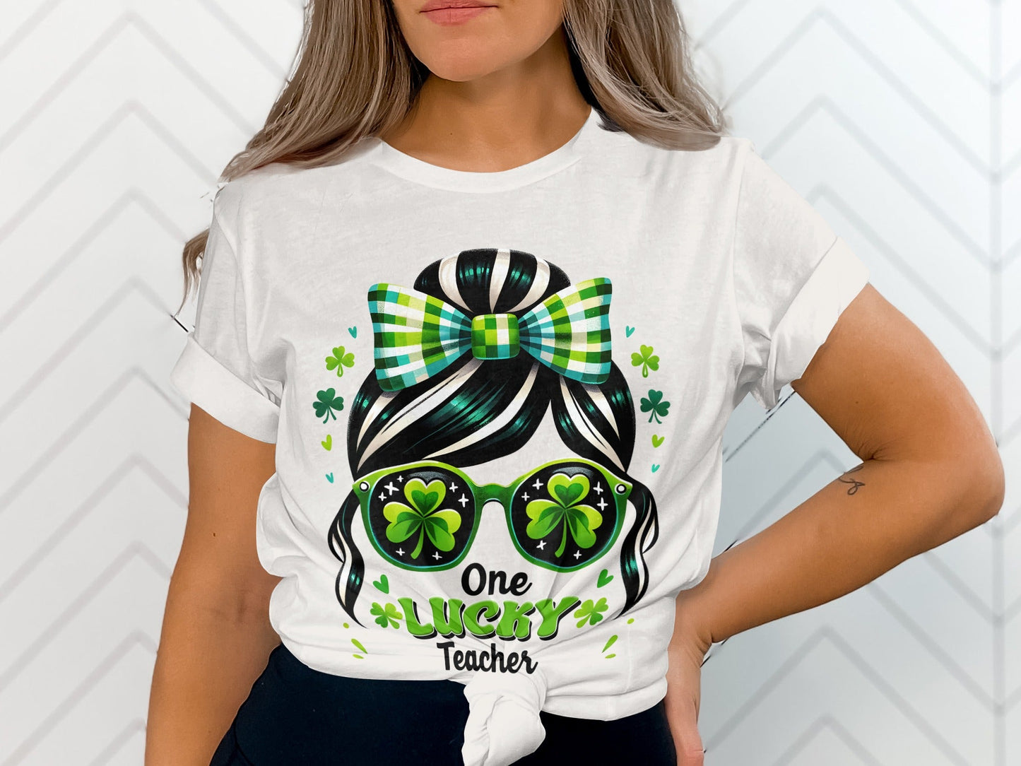 One Lucky Teacher Shamrock Sunglasses Graphic Design T-Shirt